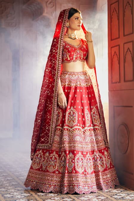 Shop_Aariyana Couture_Red , , Sequins, Beads, Floral Raw Bridal Lehenga Set _Online_at_Aza_Fashions