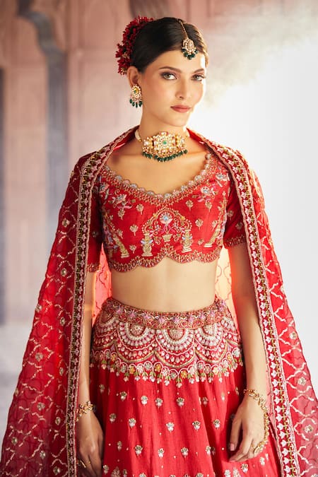 Aariyana Couture_Red , , Sequins, Beads, Floral Raw Bridal Lehenga Set _at_Aza_Fashions