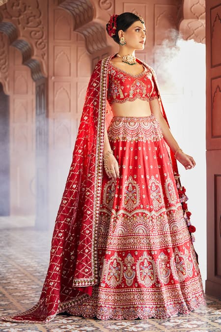 Buy_Aariyana Couture_Red , , Sequins, Beads, Floral Raw Bridal Lehenga Set 