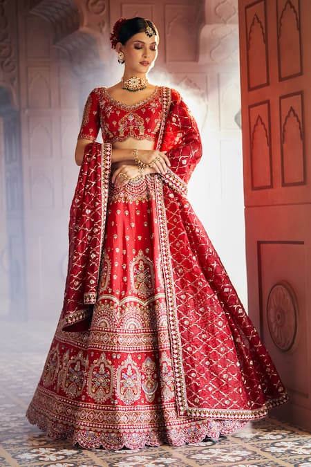 Shop_Aariyana Couture_Red , , Sequins, Beads, Floral Raw Bridal Lehenga Set 