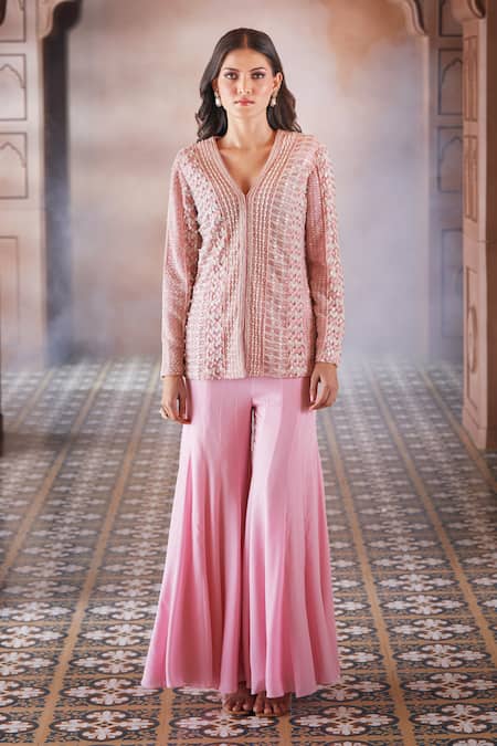 Buy Aariyana Couture Pink Net, Georgette Pearls V-neck Embroidered Jacket Sharara Set Online at Aza Fashions Buy_Aariyana Couture_Pink Net, Georgette Pearls V-neck Embroidered Jacket Sharara Set _Online_at_Aza_Fashions