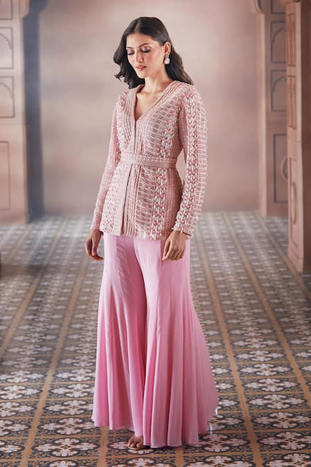 Aariyana Couture Pink Net, Georgette Pearls V-neck Embroidered Jacket Sharara Set at Aza Fashions Aariyana Couture_Pink Net, Georgette Pearls V-neck Embroidered Jacket Sharara Set _at_Aza_Fashions