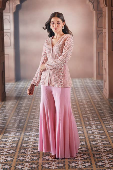 Buy Aariyana Couture Pink Net, Georgette Pearls V-neck Embroidered Jacket Sharara Set Buy_Aariyana Couture_Pink Net, Georgette Pearls V-neck Embroidered Jacket Sharara Set