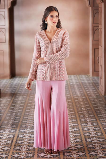 Shop Aariyana Couture Pink Net, Georgette Pearls V-neck Embroidered Jacket Sharara Set Shop_Aariyana Couture_Pink Net, Georgette Pearls V-neck Embroidered Jacket Sharara Set