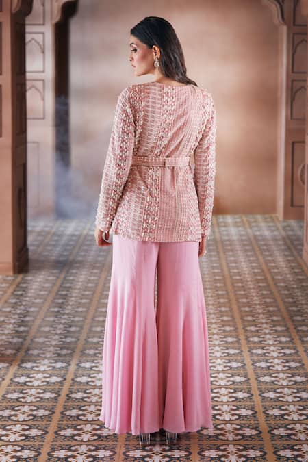 Aariyana Couture Pink Net, Georgette Pearls V-neck Embroidered Jacket Sharara Set Online at Aza Fashions Aariyana Couture_Pink Net, Georgette Pearls V-neck Embroidered Jacket Sharara Set _Online_at_Aza_Fashions