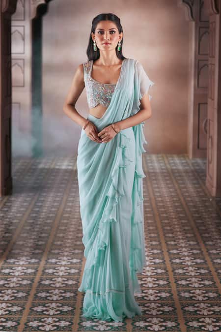 Buy_Aariyana Couture_Blue Chiffon Pearls, Embroidery Scoop Neck Pre-draped Ruffle Saree With Blouse_Online_at_Aza_Fashions