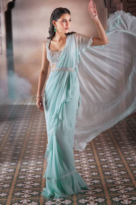 Aariyana Couture_Blue Chiffon Pearls, Embroidery Scoop Neck Pre-draped Ruffle Saree With Blouse_at_Aza_Fashions