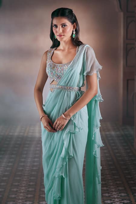 Shop_Aariyana Couture_Blue Chiffon Pearls, Embroidery Scoop Neck Pre-draped Ruffle Saree With Blouse