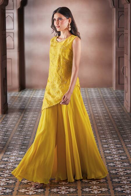 Aariyana Couture Yellow Silk Organza, Viscose Embroidery, Pearls Round Botanic Kurta Sharara Set Online at Aza Fashions Aariyana Couture_Yellow Silk Organza, Viscose Embroidery, Pearls Round Botanic Kurta Sharara Set_Online_at_Aza_Fashions