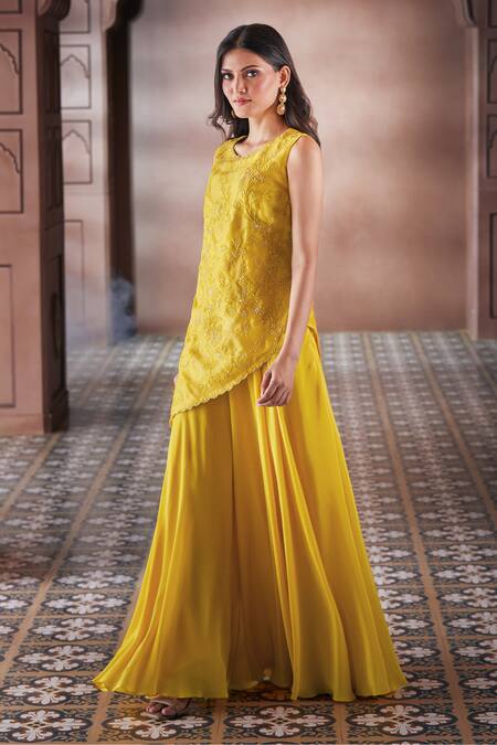 Buy Aariyana Couture Yellow Silk Organza, Viscose Embroidery, Pearls Round Botanic Kurta Sharara Set Online at Aza Fashions Buy_Aariyana Couture_Yellow Silk Organza, Viscose Embroidery, Pearls Round Botanic Kurta Sharara Set_Online_at_Aza_Fashions