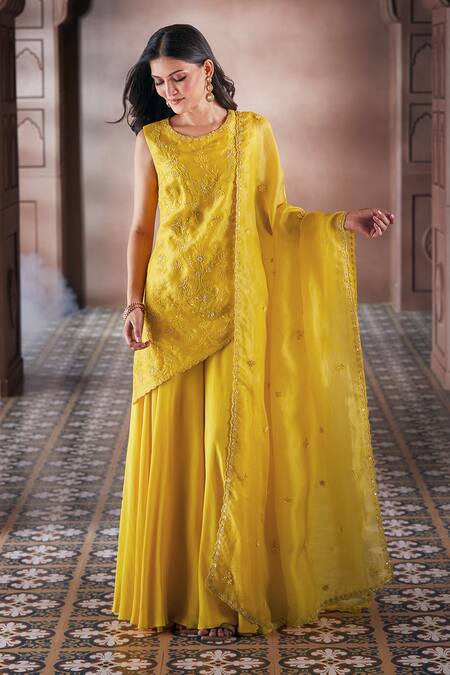 Shop Aariyana Couture Yellow Silk Organza, Viscose Embroidery, Pearls Round Botanic Kurta Sharara Set Online at Aza Fashions Shop_Aariyana Couture_Yellow Silk Organza, Viscose Embroidery, Pearls Round Botanic Kurta Sharara Set_Online_at_Aza_Fashions