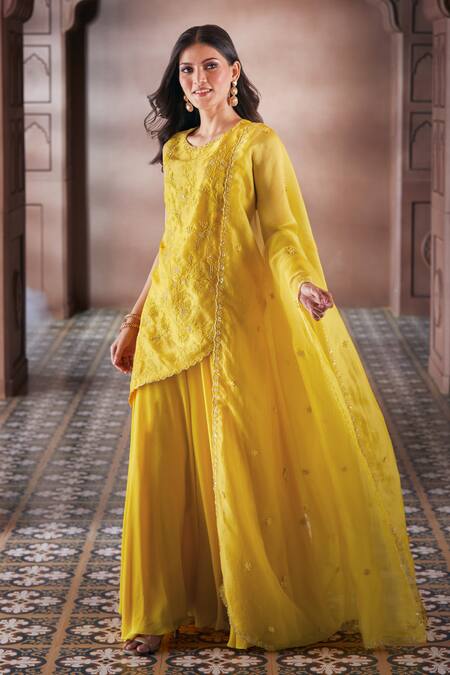 Buy Aariyana Couture Yellow Silk Organza, Viscose Embroidery, Pearls Round Botanic Kurta Sharara Set Buy_Aariyana Couture_Yellow Silk Organza, Viscose Embroidery, Pearls Round Botanic Kurta Sharara Set