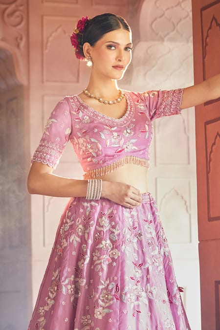 Aariyana Couture_Purple Silk Satin, Organza Cut Work, Shower Of Lilies Bridal Lehenga Set_Online_at_Aza_Fashions