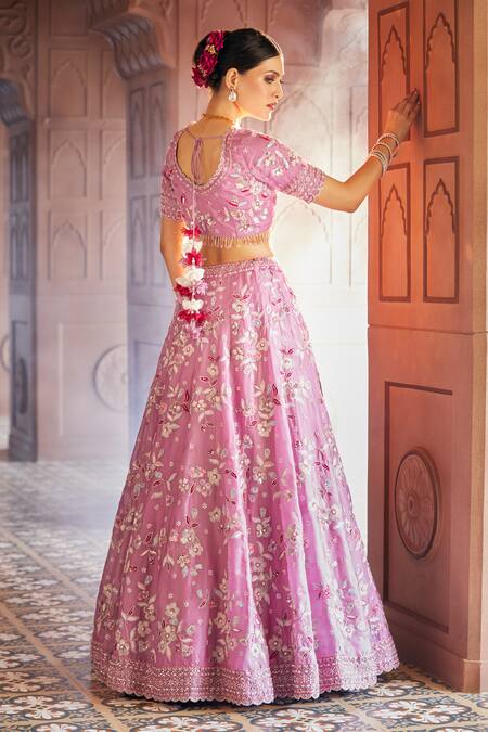 Buy_Aariyana Couture_Purple Silk Satin, Organza Cut Work, Shower Of Lilies Bridal Lehenga Set_Online_at_Aza_Fashions
