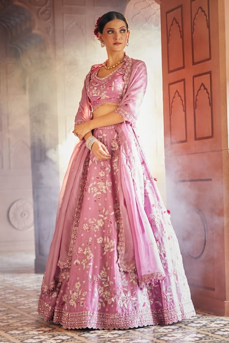 Shop_Aariyana Couture_Purple Silk Satin, Organza Cut Work, Shower Of Lilies Bridal Lehenga Set_Online_at_Aza_Fashions