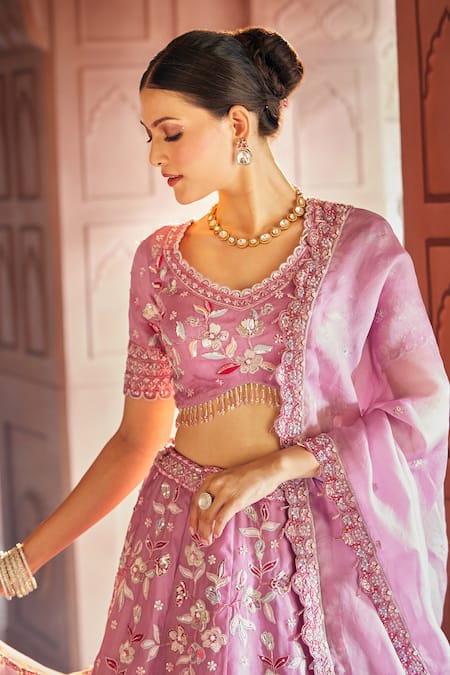 Aariyana Couture_Purple Silk Satin, Organza Cut Work, Shower Of Lilies Bridal Lehenga Set_at_Aza_Fashions