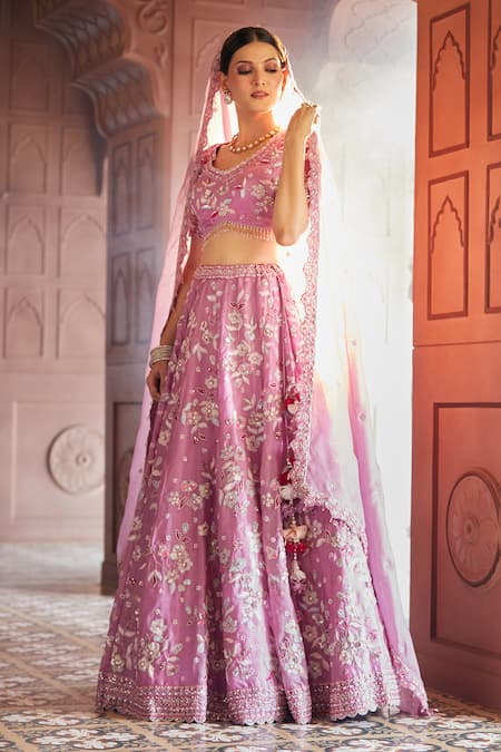 Buy_Aariyana Couture_Purple Silk Satin, Organza Cut Work, Shower Of Lilies Bridal Lehenga Set