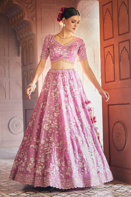 Shop_Aariyana Couture_Purple Silk Satin, Organza Cut Work, Shower Of Lilies Bridal Lehenga Set