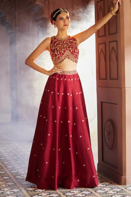 Aariyana Couture Maroon Brocade, Bamboo Embroidery Round Neck Floral Skirt And Blouse Set Online at Aza Fashions Aariyana Couture_Maroon Brocade, Bamboo Embroidery Round Neck Floral Skirt And Blouse Set_Online_at_Aza_Fashions