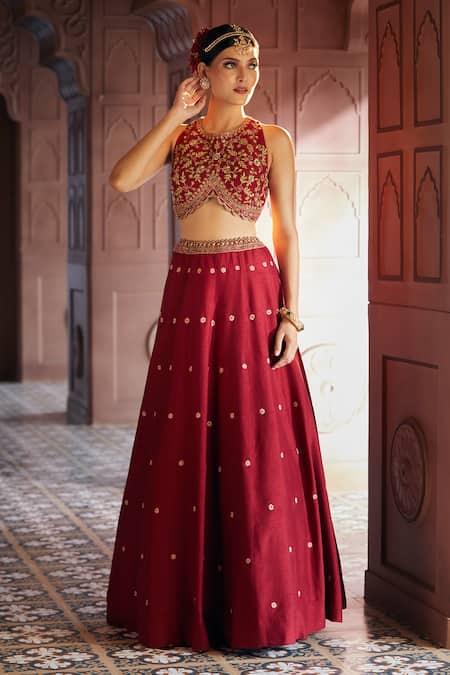 Buy Aariyana Couture Maroon Brocade, Bamboo Embroidery Round Neck Floral Skirt And Blouse Set Online at Aza Fashions Buy_Aariyana Couture_Maroon Brocade, Bamboo Embroidery Round Neck Floral Skirt And Blouse Set_Online_at_Aza_Fashions