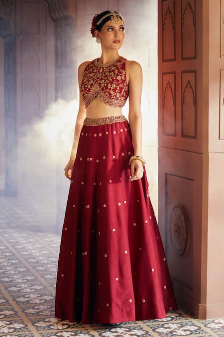 Aariyana Couture Maroon Brocade, Bamboo Embroidery Round Neck Floral Skirt And Blouse Set at Aza Fashions Aariyana Couture_Maroon Brocade, Bamboo Embroidery Round Neck Floral Skirt And Blouse Set_at_Aza_Fashions
