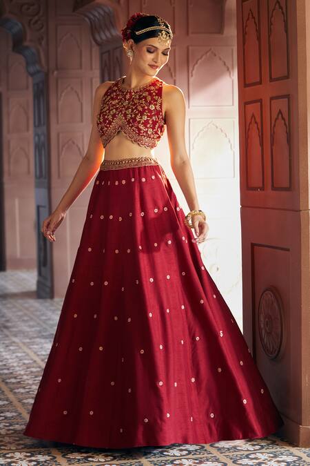 Buy Aariyana Couture Maroon Brocade, Bamboo Embroidery Round Neck Floral Skirt And Blouse Set Buy_Aariyana Couture_Maroon Brocade, Bamboo Embroidery Round Neck Floral Skirt And Blouse Set