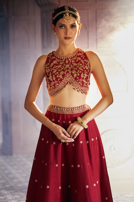 Shop Aariyana Couture Maroon Brocade, Bamboo Embroidery Round Neck Floral Skirt And Blouse Set Shop_Aariyana Couture_Maroon Brocade, Bamboo Embroidery Round Neck Floral Skirt And Blouse Set