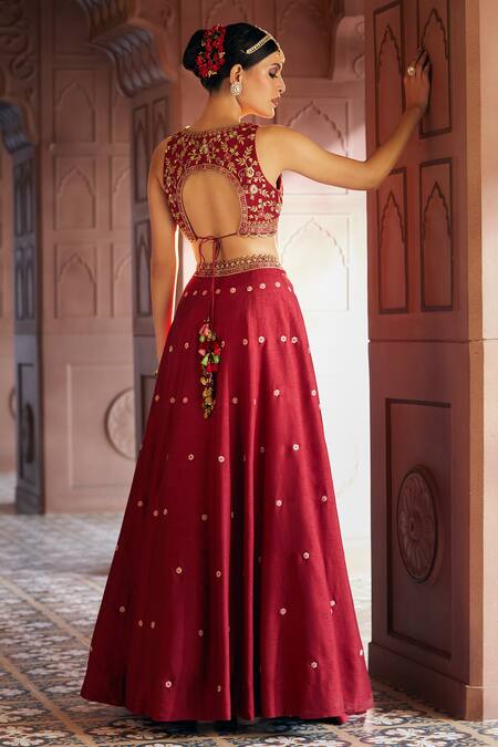 Shop Aariyana Couture Maroon Brocade, Bamboo Embroidery Round Neck Floral Skirt And Blouse Set at Aza Fashions Shop_Aariyana Couture_Maroon Brocade, Bamboo Embroidery Round Neck Floral Skirt And Blouse Set_at_Aza_Fashions