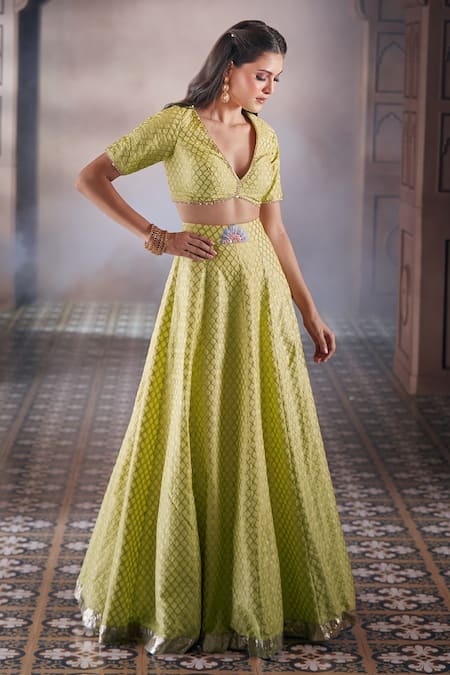 Aariyana Couture Yellow Brocade, Chiffon Embroidery, Lace, Sequins, Jaal Pattern Lehenga Set at Aza Fashions Aariyana Couture_Yellow Brocade, Chiffon Embroidery, Lace, Sequins, Jaal Pattern Lehenga Set _at_Aza_Fashions