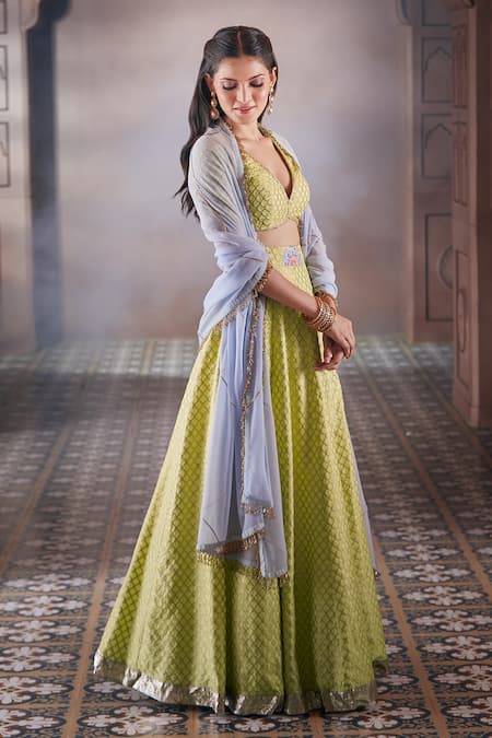 Buy Aariyana Couture Yellow Brocade, Chiffon Embroidery, Lace, Sequins, Jaal Pattern Lehenga Set Buy_Aariyana Couture_Yellow Brocade, Chiffon Embroidery, Lace, Sequins, Jaal Pattern Lehenga Set