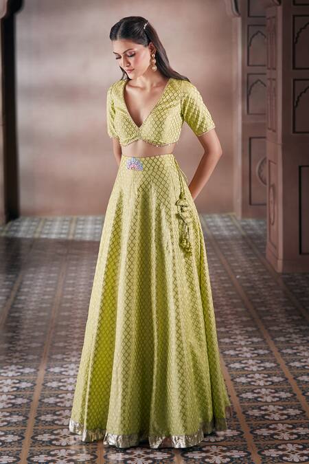 Shop Aariyana Couture Yellow Brocade, Chiffon Embroidery, Lace, Sequins, Jaal Pattern Lehenga Set Shop_Aariyana Couture_Yellow Brocade, Chiffon Embroidery, Lace, Sequins, Jaal Pattern Lehenga Set