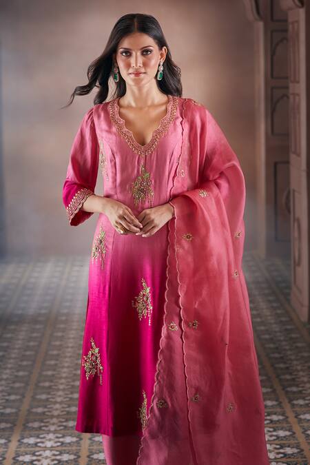 Shop Aariyana Couture Pink Bamboo, Silk Organza Embroidery, Sequins Scoop Neck Floral Ombre Kurta Set Online at Aza Fashions Shop_Aariyana Couture_Pink Bamboo, Silk Organza Embroidery, Sequins Scoop Neck Floral Ombre Kurta Set_Online_at_Aza_Fashions