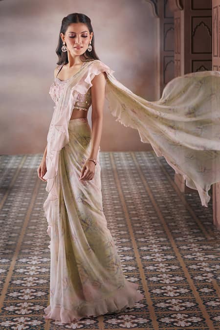 Buy_Aariyana Couture_Pink Chiffon, Bamboo, Silk Embroidery Feather Print Pre-draped Saree With Blouse _Online_at_Aza_Fashions