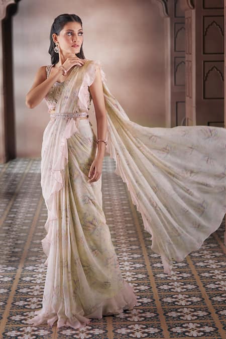 Buy_Aariyana Couture_Pink Chiffon, Bamboo, Silk Embroidery Feather Print Pre-draped Saree With Blouse 