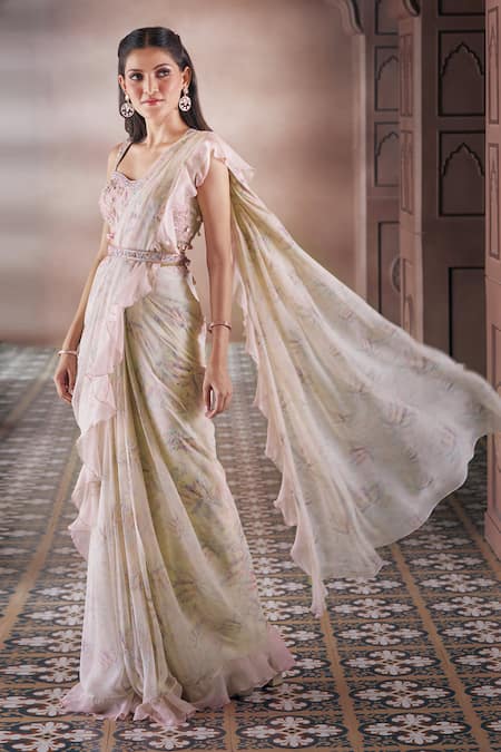 Shop_Aariyana Couture_Pink Chiffon, Bamboo, Silk Embroidery Feather Print Pre-draped Saree With Blouse 