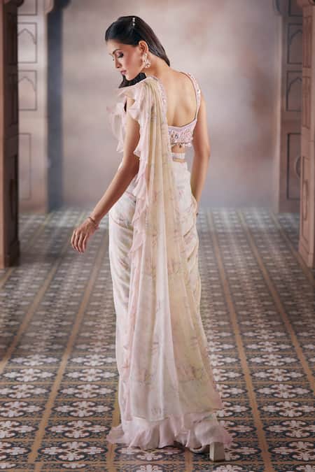 Aariyana Couture Feather Print Pre-Draped Saree With Blouse 
