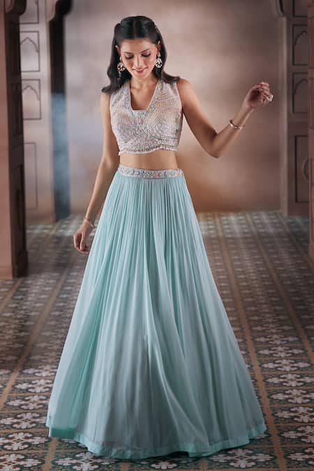 Aariyana Couture Sky Blue Viscose Embroidery, Stones Open Neck Pleated Skirt Set With Jacket Online at Aza Fashions Aariyana Couture_Sky Blue Viscose Embroidery, Stones Open Neck Pleated Skirt Set With Jacket_Online_at_Aza_Fashions