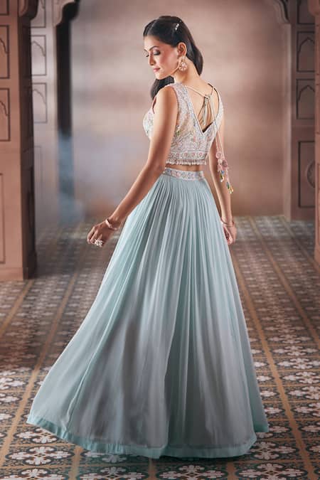 Buy Aariyana Couture Sky Blue Viscose Embroidery, Stones Open Neck Pleated Skirt Set With Jacket Online at Aza Fashions Buy_Aariyana Couture_Sky Blue Viscose Embroidery, Stones Open Neck Pleated Skirt Set With Jacket_Online_at_Aza_Fashions