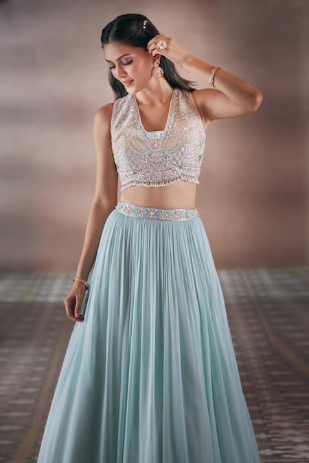 Shop Aariyana Couture Sky Blue Viscose Embroidery, Stones Open Neck Pleated Skirt Set With Jacket Online at Aza Fashions Shop_Aariyana Couture_Sky Blue Viscose Embroidery, Stones Open Neck Pleated Skirt Set With Jacket_Online_at_Aza_Fashions
