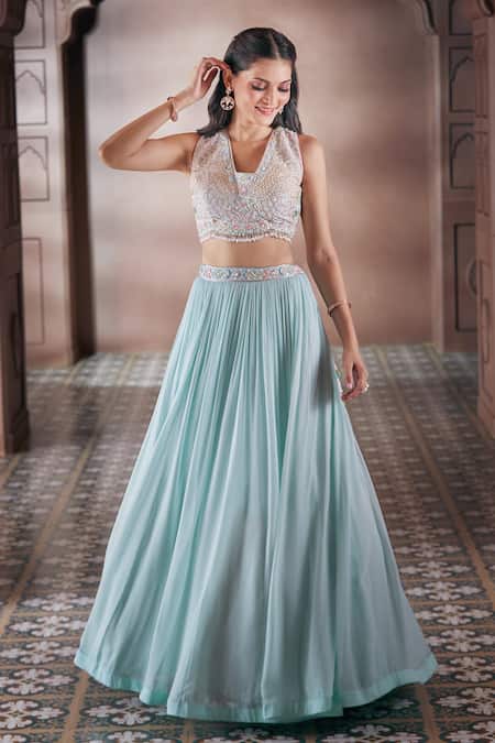 Aariyana Couture Sky Blue Viscose Embroidery, Stones Open Neck Pleated Skirt Set With Jacket at Aza Fashions Aariyana Couture_Sky Blue Viscose Embroidery, Stones Open Neck Pleated Skirt Set With Jacket_at_Aza_Fashions