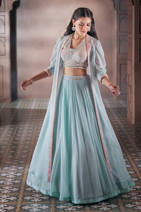 Buy Aariyana Couture Sky Blue Viscose Embroidery, Stones Open Neck Pleated Skirt Set With Jacket Buy_Aariyana Couture_Sky Blue Viscose Embroidery, Stones Open Neck Pleated Skirt Set With Jacket