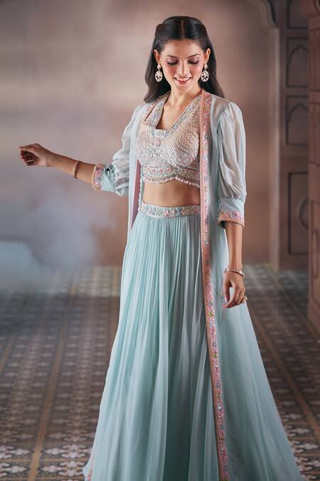 Shop Aariyana Couture Sky Blue Viscose Embroidery, Stones Open Neck Pleated Skirt Set With Jacket Shop_Aariyana Couture_Sky Blue Viscose Embroidery, Stones Open Neck Pleated Skirt Set With Jacket