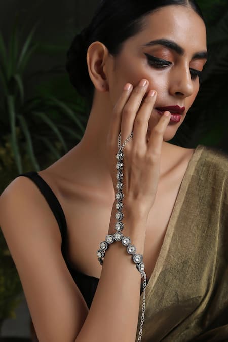 Paisley Pop_Silver Plated Crystals Victorian Polki Embellished Hathphool _at_Aza_Fashions