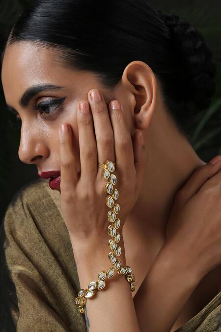 Shop_Paisley Pop_Gold Plated Crystals Kundan Encrusted Hathphool _Online_at_Aza_Fashions