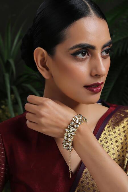 Paisley Pop Gold Plated Pearls, Gota Patti Floral Kundan And Embellished Bracelet at Aza Fashions Paisley Pop_Gold Plated Pearls, Gota Patti Floral Kundan And Embellished Bracelet _at_Aza_Fashions