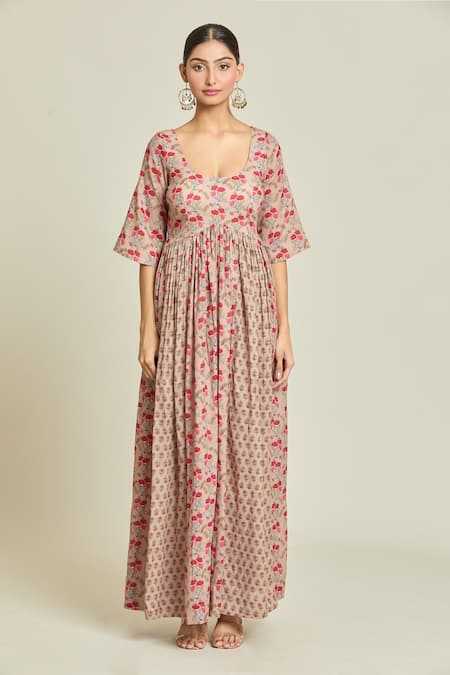 Shop Samyukta Singhania Ivory Cotton, Net Embroidery Scoop Neck Floral Print Gathered Anarkali Pant Set Online at Aza Fashions Shop_Samyukta Singhania_Ivory Cotton, Net Embroidery Scoop Neck Floral Print Gathered Anarkali Pant Set _Online_at_Aza_Fashions