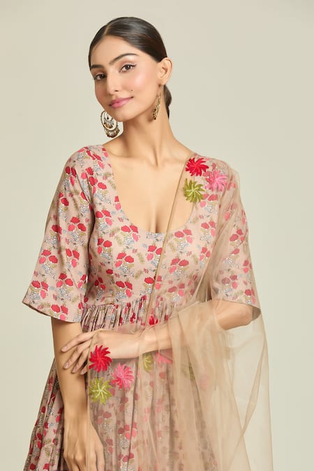 Shop Samyukta Singhania Ivory Cotton, Net Embroidery Scoop Neck Floral Print Gathered Anarkali Pant Set Shop_Samyukta Singhania_Ivory Cotton, Net Embroidery Scoop Neck Floral Print Gathered Anarkali Pant Set