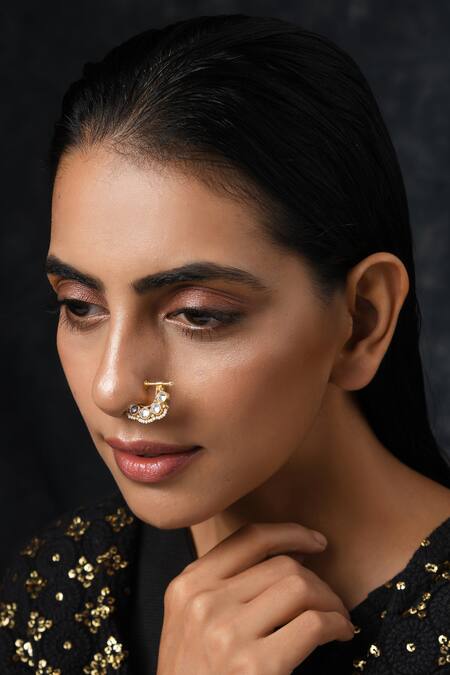 Shop Paisley Pop Gold Plated Pearls, Crystals Kundan Nose Pin Online at Aza Fashions Shop_Paisley Pop_Gold Plated Pearls, Crystals Kundan Nose Pin _Online_at_Aza_Fashions
