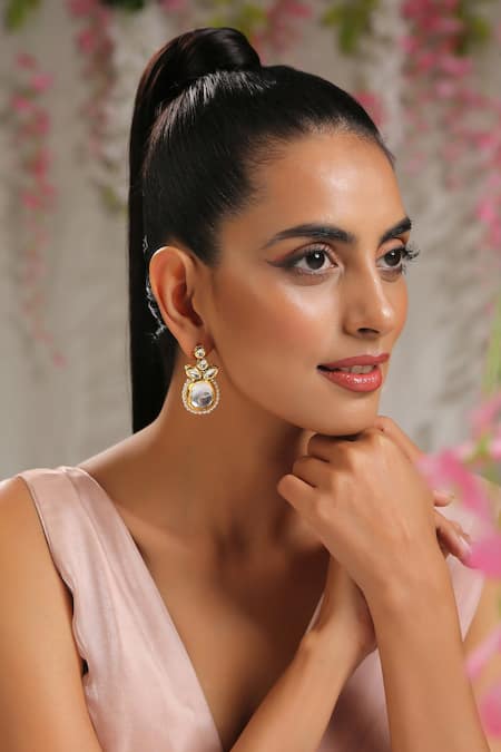 Paisley Pop_Gold Plated Pearls, Diamonds Heirloom Carved Earrings _at_Aza_Fashions