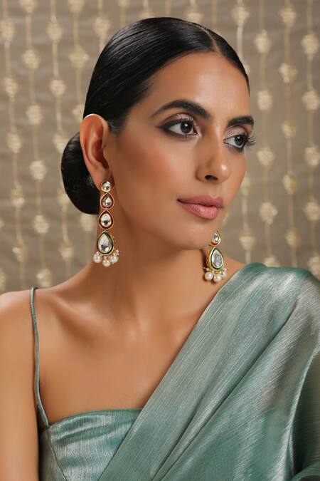 Paisley Pop_Gold Plated Diamonds, Pearls Tear Drop Carved Earrings _at_Aza_Fashions